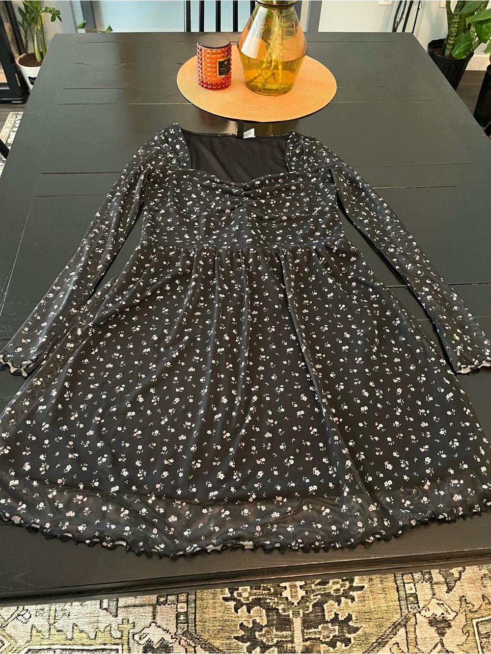 Divided Black Mini Dress with White Floral Print